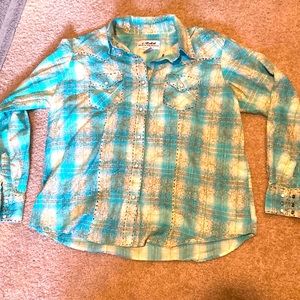 Long sleeve western shirt light blue/ pale yellow snap down shirt sz Lg.